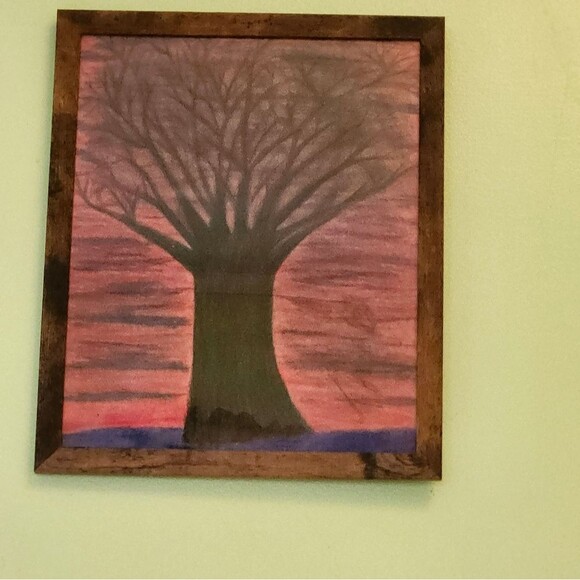 Handmade Framed Pencil Art  Winter Evening Tree Original Colored Drawing - Picture 9 of 14